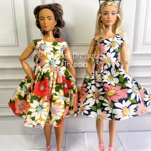 Doll Floral Pleated Dress, Curvy Doll Dress, Fashion Doll clothes,  11.5&quot; doll, 12&quot; doll, Realistic Doll Clothes