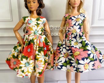 Doll Floral Pleated Dress, Curvy Doll Dress, Fashion Doll clothes,  11.5&quot; doll, 12&quot; doll, Realistic Doll Clothes