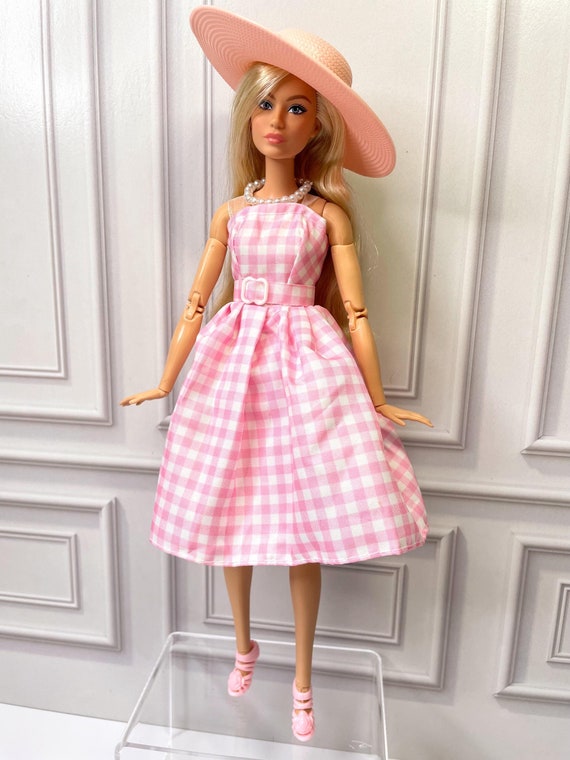 Pink Gingham Doll Dress Outfit: Hat, Shoes, Necklace Fits