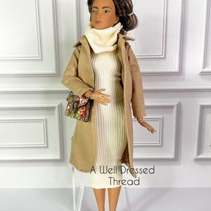 Doll Beige Fitted Dress, Doll Brown Coat, Fashion Doll clothes,  11.5&quot; doll, 12&quot; doll, Realistic Doll Clothes, Doll dress up