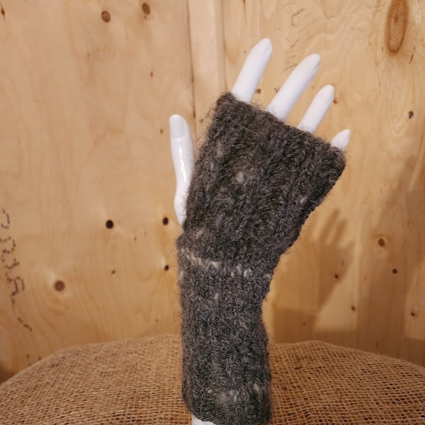 Fingerless gloves, handspun wool with wolf down added in the wool, fits a large ladies but is stretchy.