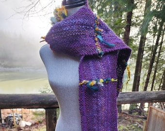 Handspun, hand dyed and woven purple wool with colorful art yarn added.  Unique art scarf. Creative weaving, Saori weaving