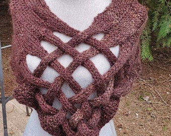 Brown handspun shawl. Celtic Knot. Caplet, wrap, knitted