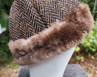 Mongolian, Cossack, Norse, Viking style fur hat tweed herringbone wool with sheared wool fur