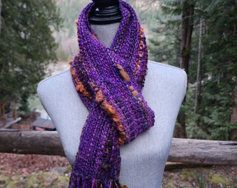 Handspun, hand dyed and woven purple wool and silk with colorful art yarn added.  Unique art scarf. Creative weaving, Saori weaving.