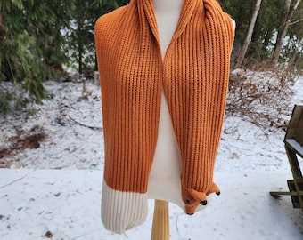 Cute fox long scarf, merino wool. Cooper,  burnt orange,  stylish,  fun and warm. So soft.