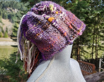 Unique Saori wool hat, Hand spun, dyed wool and woven beautiful purples