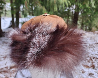 Unisex brown fox fur hat, brown oil skin fabric.