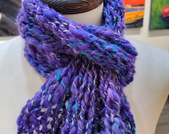 Blues and purple wool and silk art yarn handspun and dyed scarf