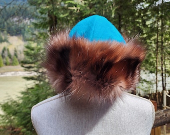 Mongolian, Cossack, Norse, Viking style fur hat, men's fur hat, woman's fur hat, turquoise suede with fox fur