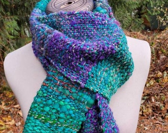 Purples, teals, greens wool handspun and dyed, handwoven scarf