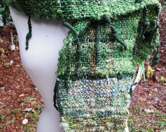 lovely greens, and multi coloured woven,  handspun wool, unique scarf