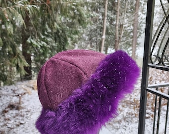 Mongolian, Cossack, Norse, Viking, Mongolian style fur hat, purple wool sheep skin