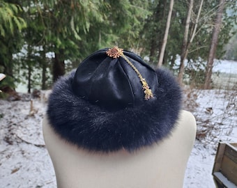 Mongolian, Cossack, Norse, Viking style fur hat black suede and  black fox fur