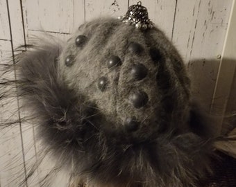 Mongolian, Cossack, Norse, Viking  style hat grey mohair, grey fox fur.