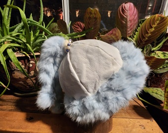 Mongolian, Cossack, Norse, Viking style hat, blue fur with white leather and silver findings, with fresh water pearls.
