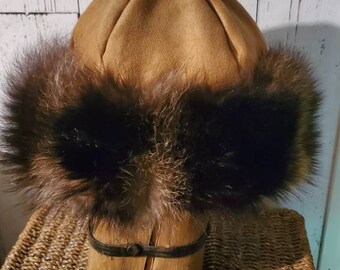 Mongolian, Russian, Norse, Viking, Mongolian fur hat, light beige ultra suede, raccoon fur, mens fur hat,  ladies fur hat.