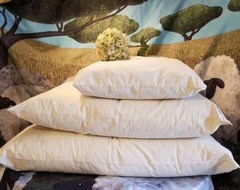 The Shepherd's Pillow - 100 % organic wool filled pillows and Organic cotton covers with zipper. Chemical Free. Handmade in Canada