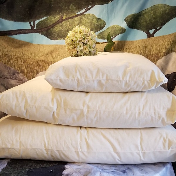 The Shepherd's Pillow - 100 % organic wool filled pillows and Organic cotton covers with zipper. Chemical Free. Handmade in Canada