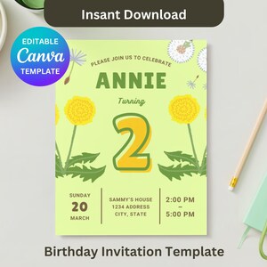 Convite de aniversário de dente-de-leão editável, download digital instantâneo, modelo de design Canva para impressão, flores fofas, flora, ervas, natureza para crianças