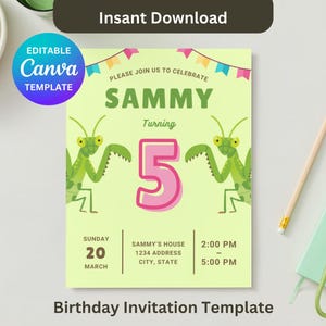 Puede incluir: Plantilla de invitación de cumpleaños editable de Canva con una ilustración de mantis religiosa verde y el texto "Sammy Turning 5". La invitación incluye detalles para una fiesta de cumpleaños el domingo 20 de marzo, de 2:00 PM a 5:00 PM en la casa de Sammy.