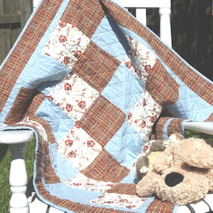 Handmade Cotton Baby Quilt -  Blue and Brown Ducks, Pups & Squirrels