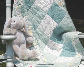 Handmade Gender Neutral Baby Quilt – Mint Green Cotton Lap Blanket (ABC)