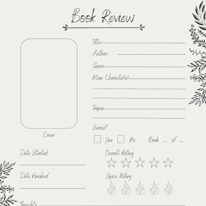 May include: A printable book review template with sections for title, author, genre, main characters, tropes, series, date started, date finished, overall rating, spice rating, thoughts, and quotes. The template has a cover section for a book cover image.