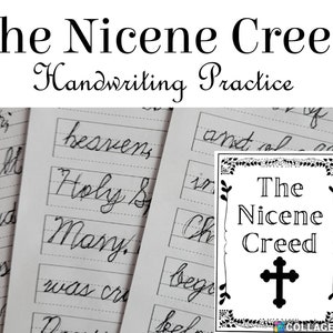 May include: A black and white image of a handwriting practice sheet with the words "The Nicene Creed" written in cursive. The sheet is framed by a decorative border with a cross in the center.