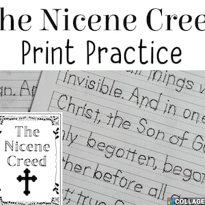 May include: A black and white printable worksheet with the text "The Nicene Creed Print Practice". The worksheet includes a section with the text "The Nicene Creed" and a cross symbol.
