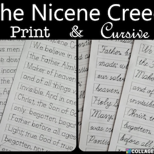Può includere: Primo piano di due pagine di un quaderno. La pagina sinistra mostra il Credo Niceno scritto in stampatello. La pagina destra mostra il Credo Niceno scritto in corsivo.