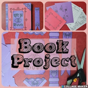 May include: A craft project for making a book. The image shows a variety of paper pieces, including a book cover, spine, and bookmark. The text "Book Project" is written in large, bold letters across the image.