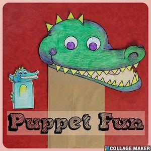 May include: A green and yellow alligator puppet with a big smile and purple eyes. The puppet is made from paper and is ready for puppet shows. The text "Puppet Fun" is written below the puppet.