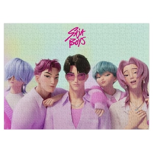 May include: A jigsaw puzzle featuring five people with stylized hair and clothing in shades of pink and purple. The puzzle has a light green background and the words "Six Boys" in pink.