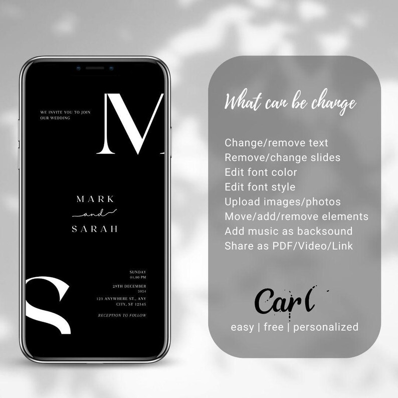 Minimalist Black Electronic Wedding Invitation: Editable Video Digital Invite (Timeless Theme, Canva Template) image 7