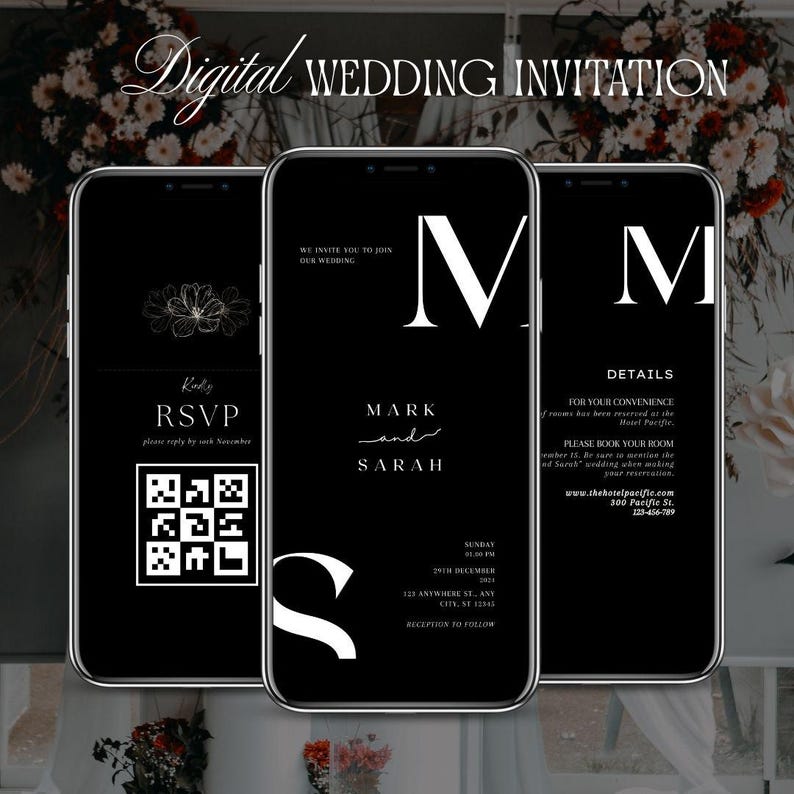 Minimalist Black Electronic Wedding Invitation: Editable Video Digital Invite (Timeless Theme, Canva Template) image 2