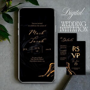 Minimalist Wedding Invitation Template with RSVP: Video Invite, Luxurious Black and Gold Evite (Canva, PDF, MP4)