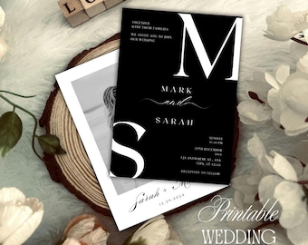 Minimalist Black Wedding Invitation Template: Editable Monochrome Design (Digital Download)  (Modern Invite)