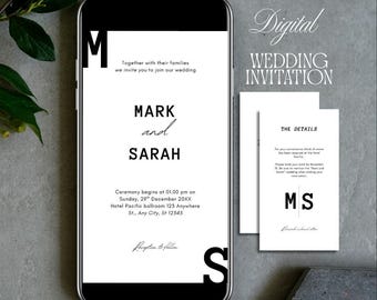Invitación de boda digital: Invitación de video moderna, plantilla editable de Canva, blanco y negro (descarga instantánea)