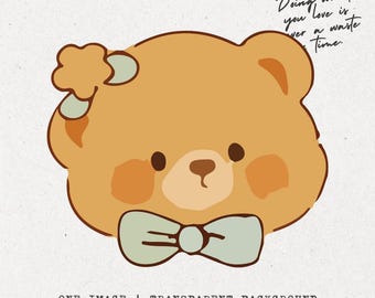 Kawaii Bear Digital Stickers, Pastel Planner Clipart, Cozy Minimalist PNG, Brown Bear Cute with ribbon, Instant Download, Transparent