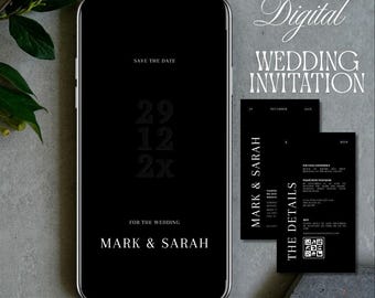 Invitación de boda minimalista con RSVP: Plantilla DIY, blanco y negro, video moderno (descarga digital)