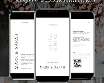 Plantilla de invitación de boda minimalista: Blanco y negro, video moderno (Canva DIY, descarga digital)
