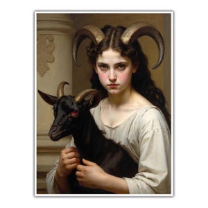 May include: A young woman with long dark hair and golden horns holds a black goat with red eyes. The woman is wearing a white dress and the goat is looking at the viewer.