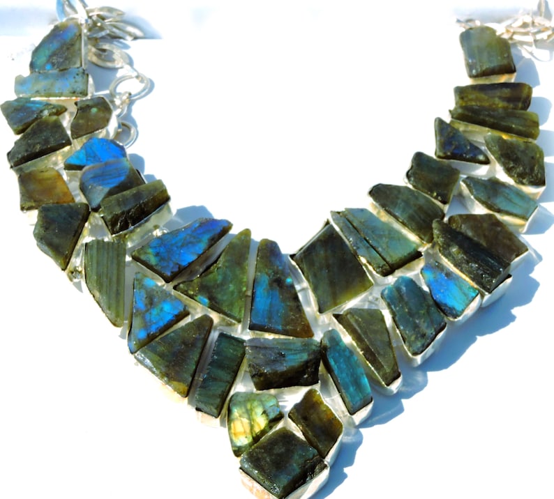 Ceremonial Necklace Of The Ancient Aztecs Raw Cut Labradorite Gemstone Multi Strand Jewelry Amazon Goddess of Frozen Fire and Magic
