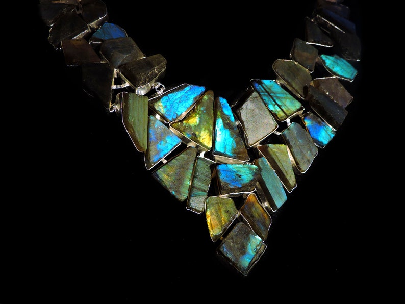 Ceremonial Necklace Of The Ancient Aztecs Raw Cut Labradorite Gemstone Multi Strand Jewelry Amazon Goddess of Frozen Fire and Magic