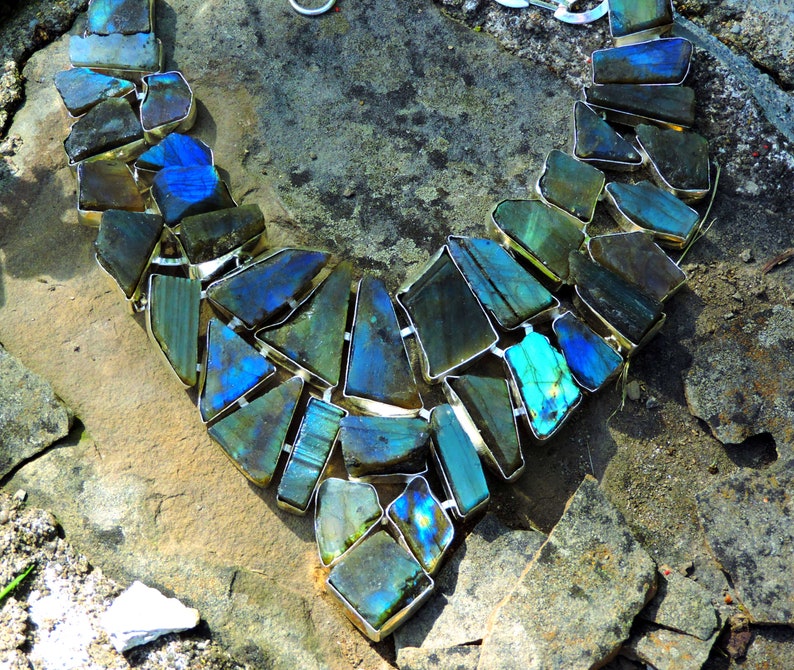 Ceremonial Necklace Of The Ancient Aztecs Raw Cut Labradorite Gemstone Multi Strand Jewelry Amazon Goddess of Frozen Fire and Magic