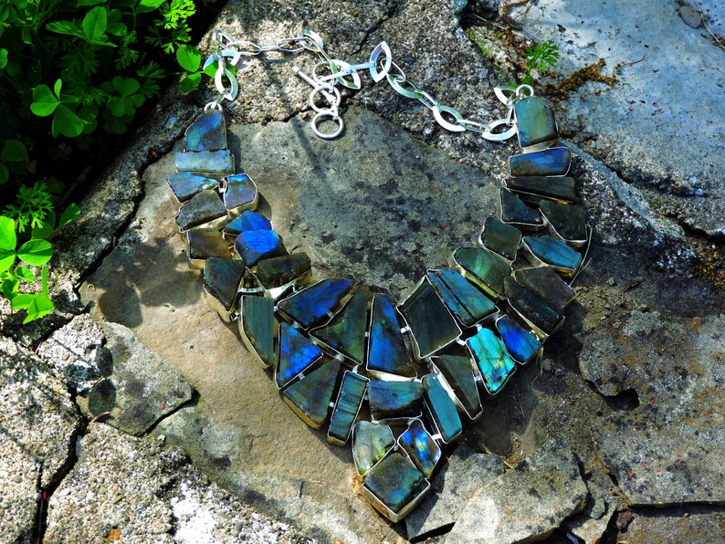 Ceremonial Necklace Of The Ancient Aztecs Raw Cut Labradorite Gemstone Multi Strand Jewelry Amazon Goddess of Frozen Fire and Magic