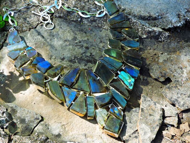 Ceremonial Necklace Of The Ancient Aztecs Raw Cut Labradorite Gemstone Multi Strand Jewelry Amazon Goddess of Frozen Fire and Magic