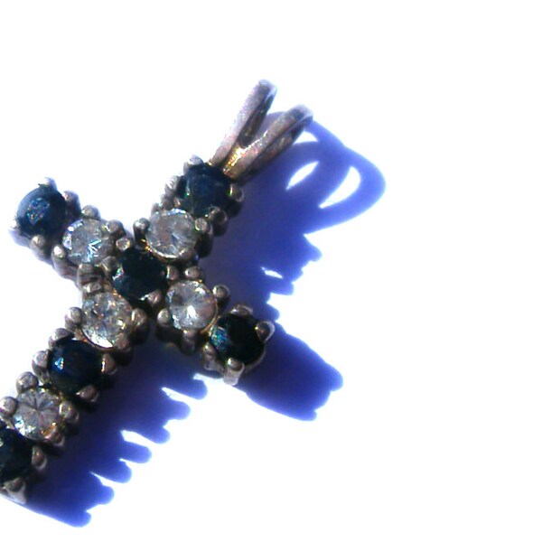 Solid STERLING SILVER Religious Genuine Sapphire and Diamond Cross Necklace Pendant