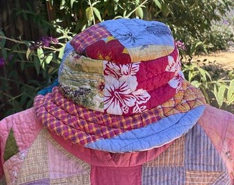 Bucket Hat Made From Preloved Kantha Quilt. White and Pinks  display picture 1